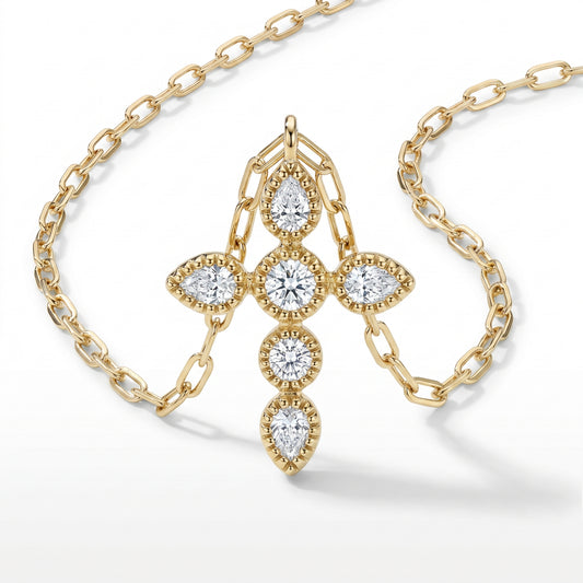 14K Yellow Gold Diamond Cross Pendant - 0.34ctw Pear & Round Cut