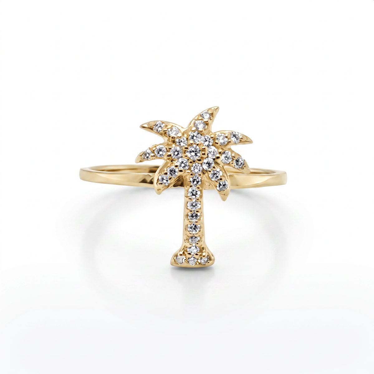 14K Yellow Gold Diamond Palm Tree Ring - Tropical Luxury Design
