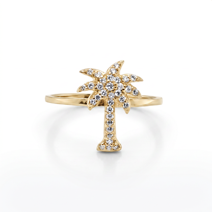 14K Yellow Gold Diamond Palm Tree Ring - Tropical Luxury Design