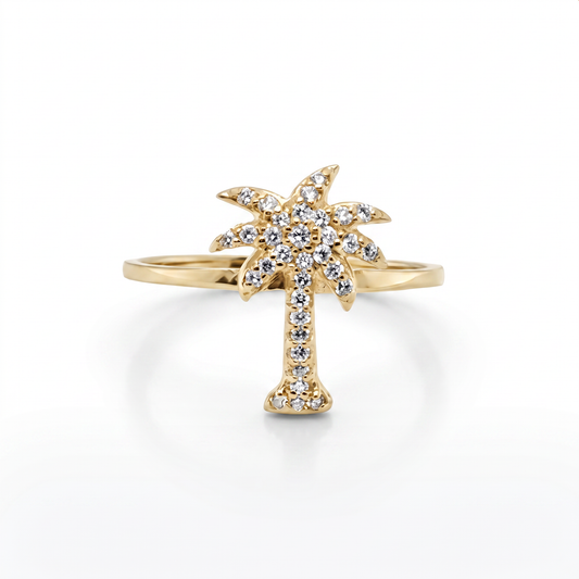 14K Yellow Gold Diamond Palm Tree Ring - Tropical Luxury Design