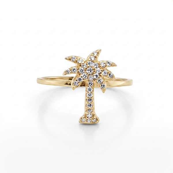 14K Yellow Gold Diamond Palm Tree Ring - Tropical Luxury Design