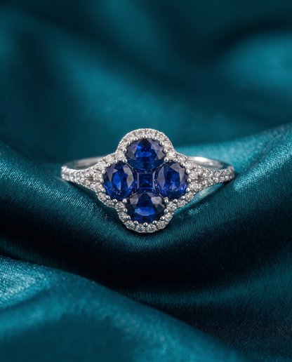 14K White Gold Sapphire & Diamond Clover Ring for Women