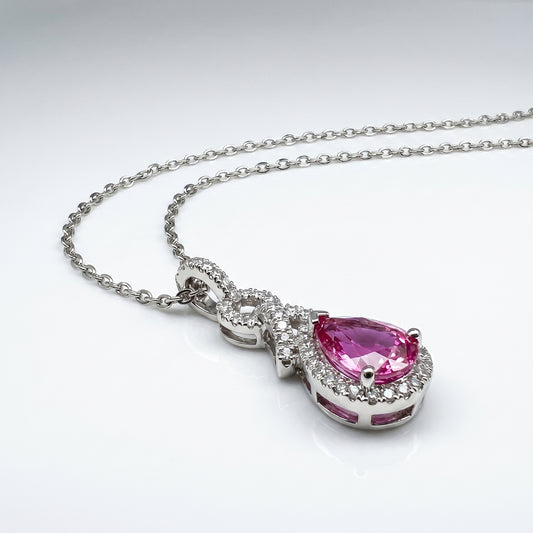 18K White Gold Pink Sapphire & Diamond Halo Pendant