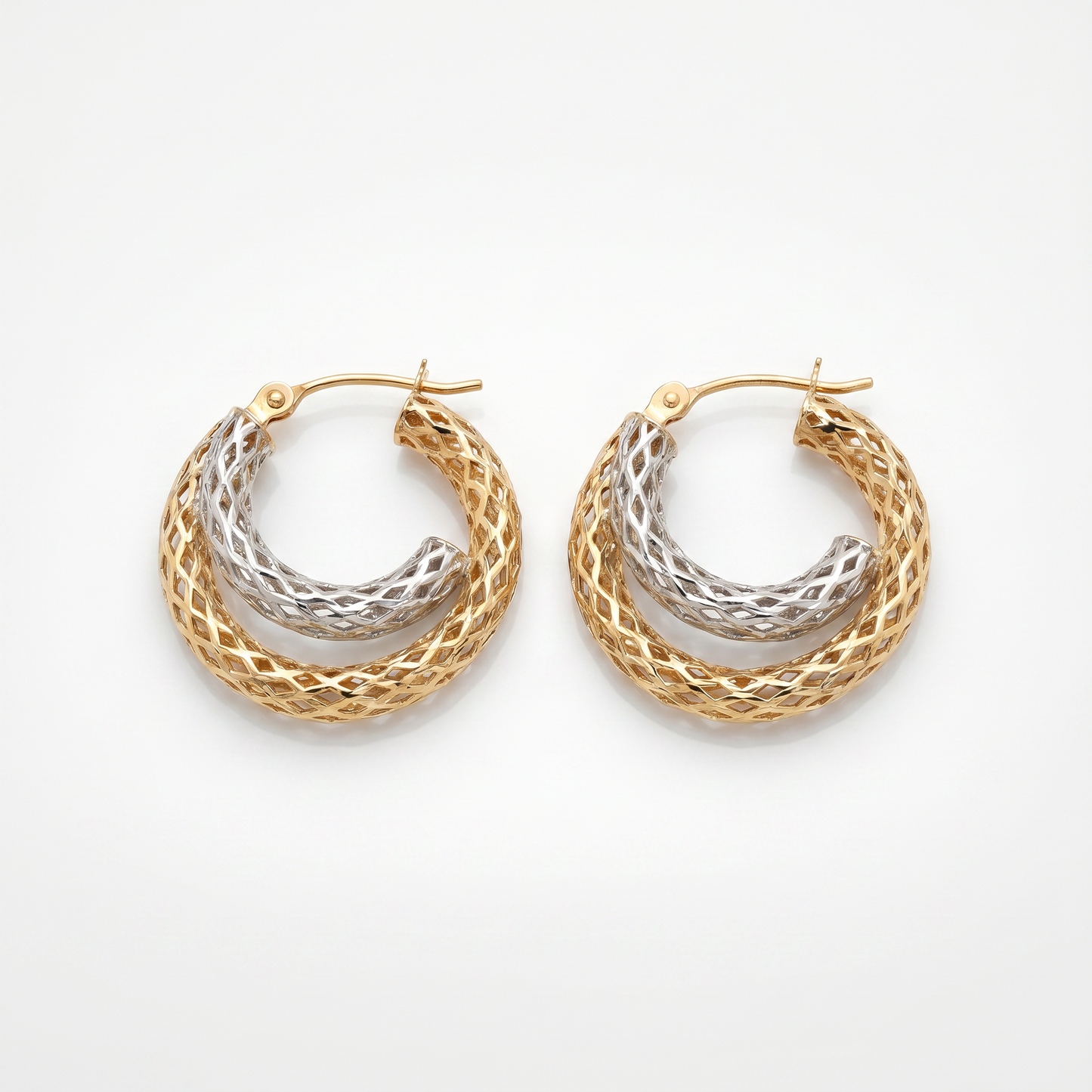 14K Yellow & White Gold Filigree Tube Hoop Earrings 19mm