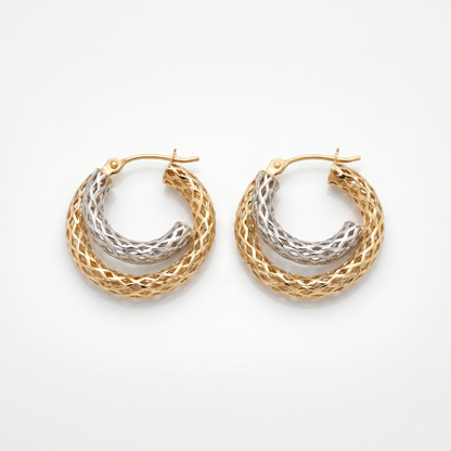 14K Yellow & White Gold Filigree Tube Hoop Earrings 19mm