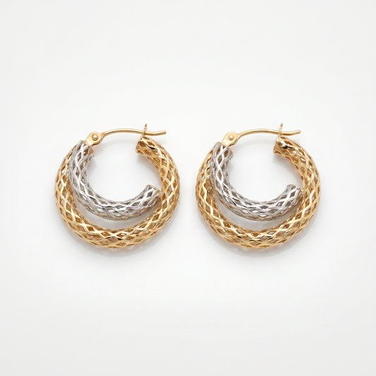 14K Yellow & White Gold Filigree Tube Hoop Earrings 19mm