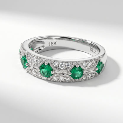 18K White Gold Emerald & Diamond Vintage Band Ring Size 6.5