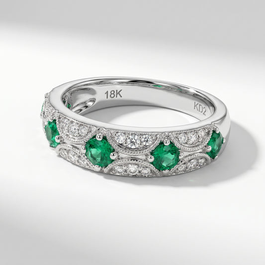 18K White Gold Emerald & Diamond Vintage Band Ring Size 6.5