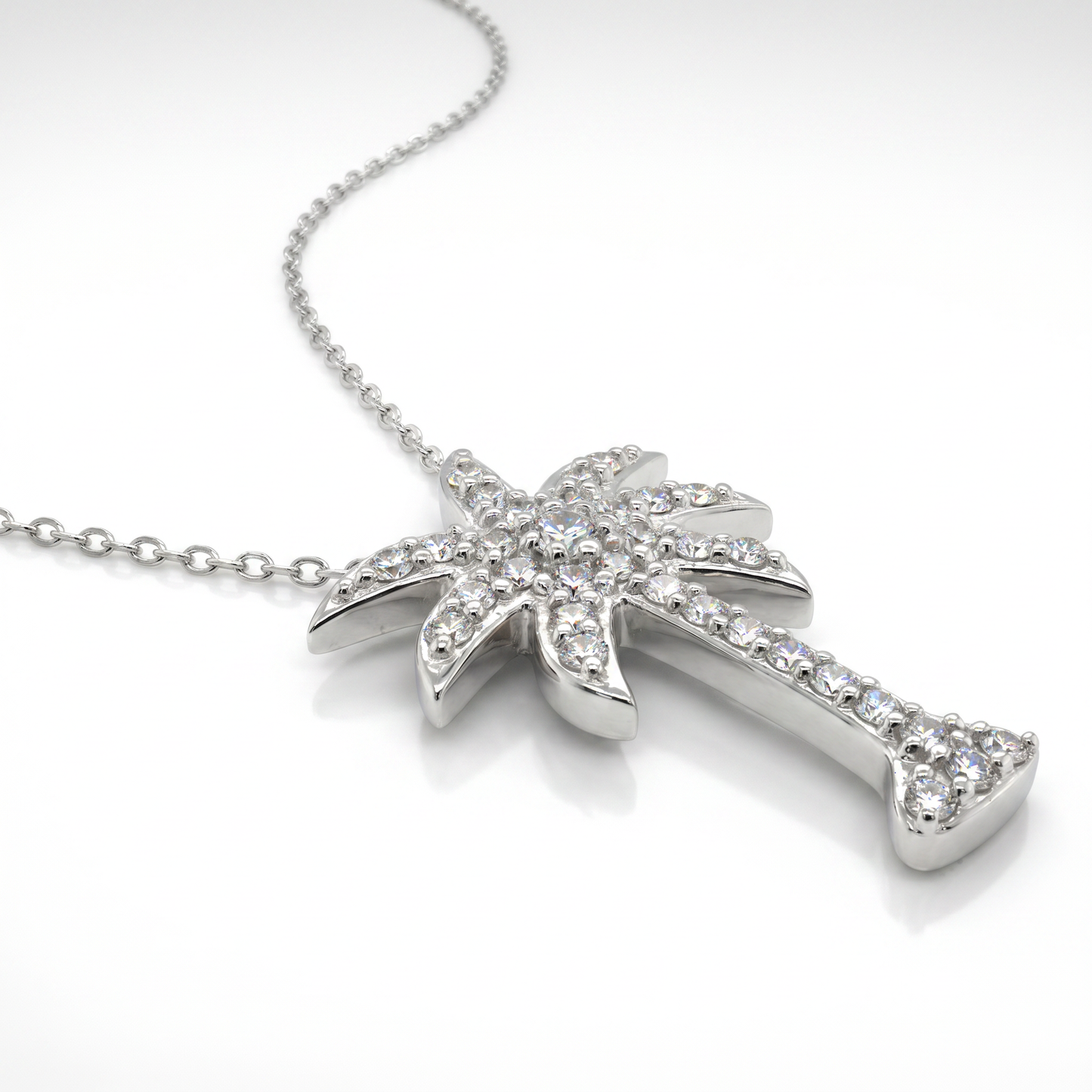 14K White Gold Pave Diamond Palm Tree Pendant - 0.75ct