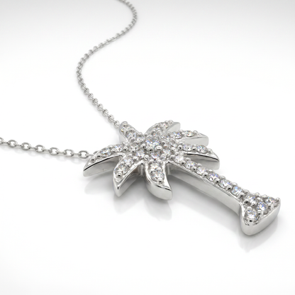 14K White Gold Pave Diamond Palm Tree Pendant - 0.75ct