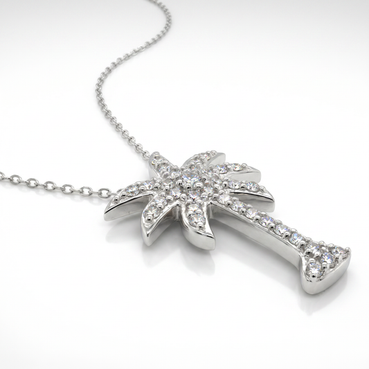 14K White Gold Pave Diamond Palm Tree Pendant - 0.75ct