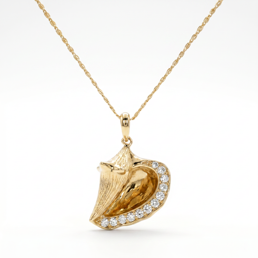 14K Yellow Gold Diamond Conch Shell Pendant with 18" Chain