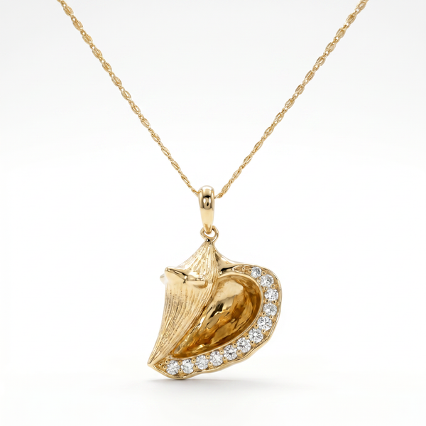 14K Yellow Gold Diamond Conch Shell Pendant with 18" Chain