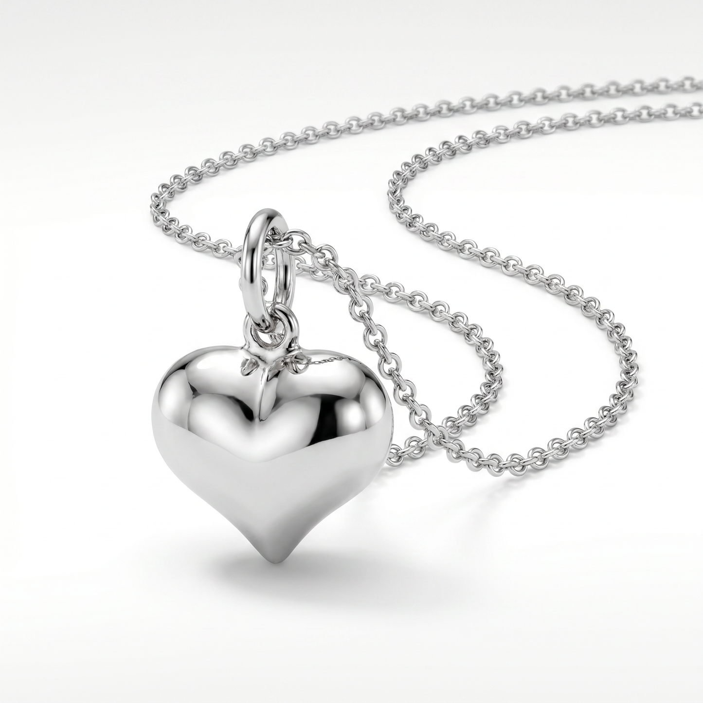 14K White Gold Petite Puffed Heart Pendant with 16" Chain