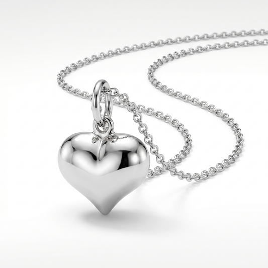 14K White Gold Petite Puffed Heart Pendant with 16" Chain