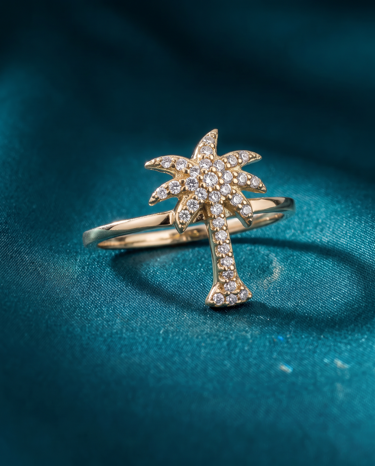 14K Yellow Gold Diamond Palm Tree Ring - Tropical Luxury Design