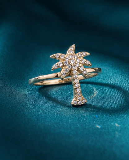 14K Yellow Gold Diamond Palm Tree Ring - Tropical Luxury Design
