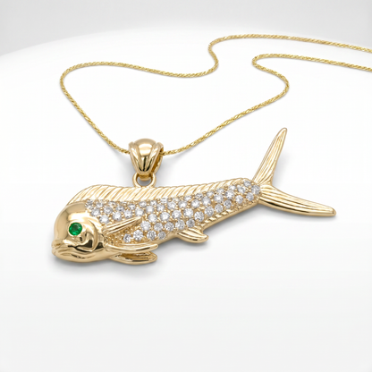 14K Yellow Gold Diamond Dolphin Mahi Pendant with Emerald Eyes