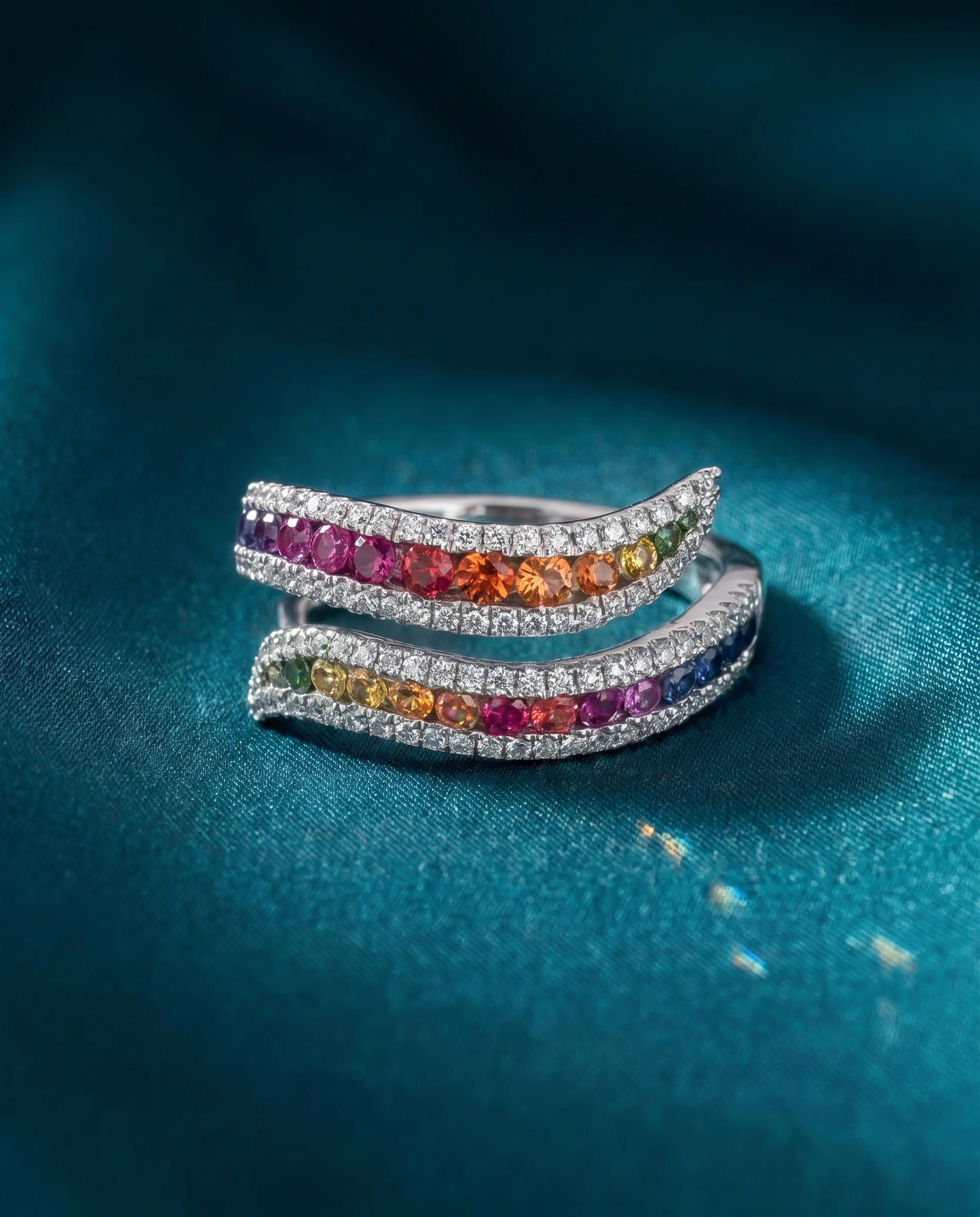 18K White Gold Multi-Color Sapphire & Diamond Bypass Ring