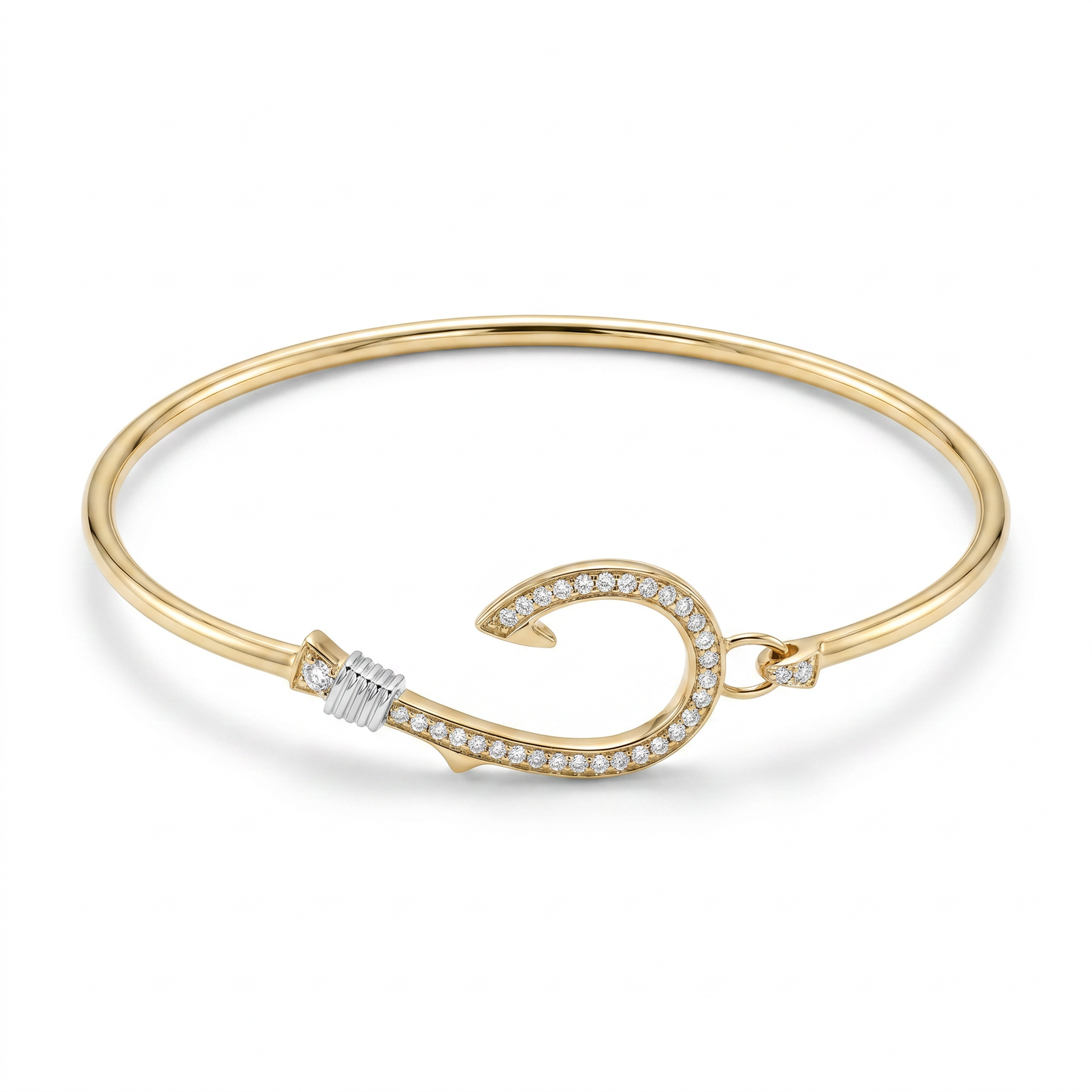 14K Yellow & White Gold Diamond Fish Hook Bangle Bracelet