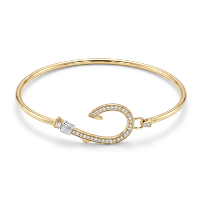 14K Yellow & White Gold Diamond Fish Hook Bangle Bracelet