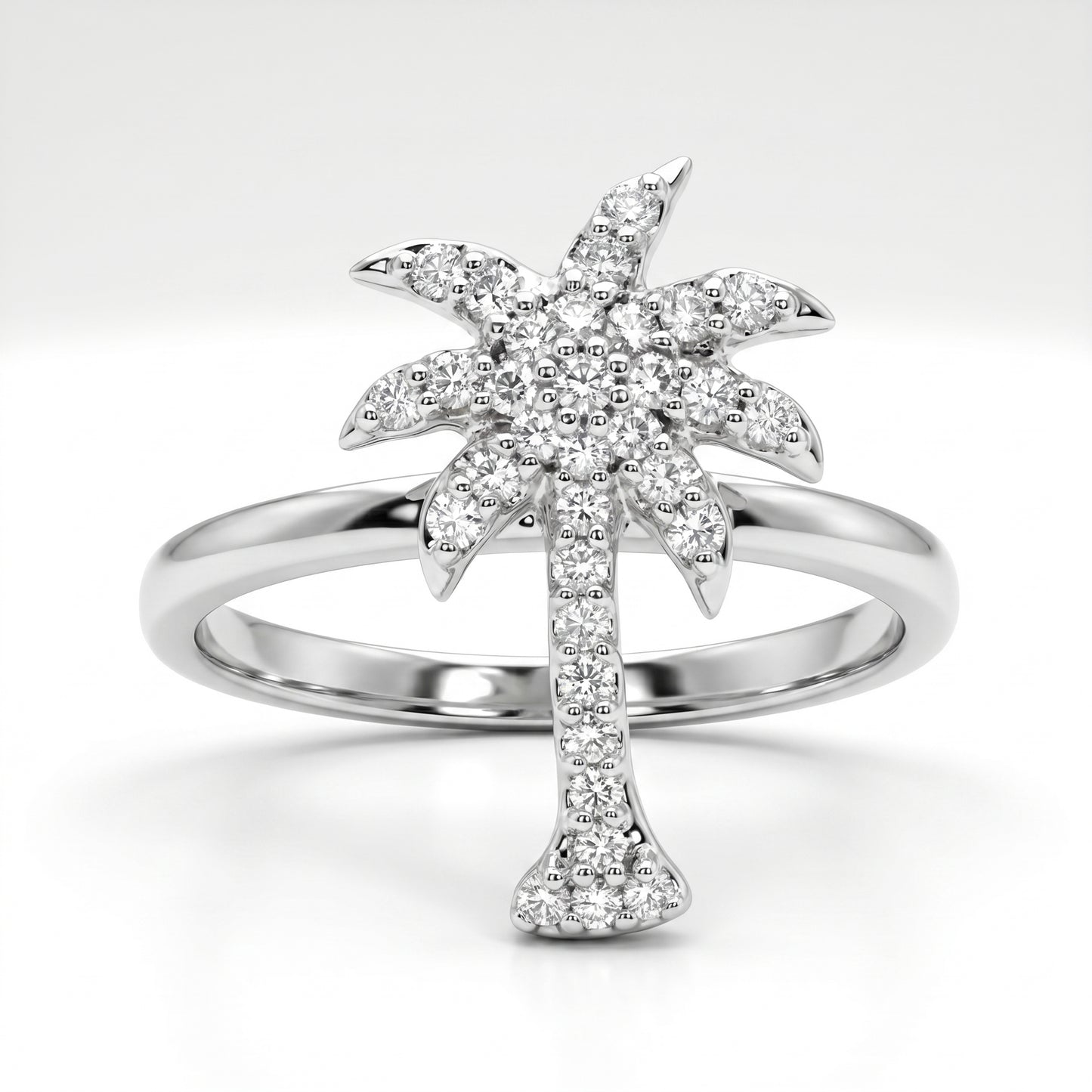 14K White Gold Diamond Pave Palm Tree Ring - Size 7