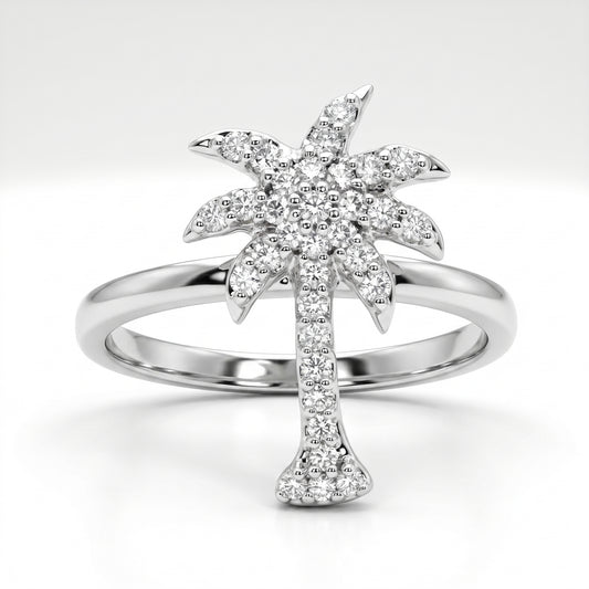 14K White Gold Diamond Pave Palm Tree Ring - Size 7