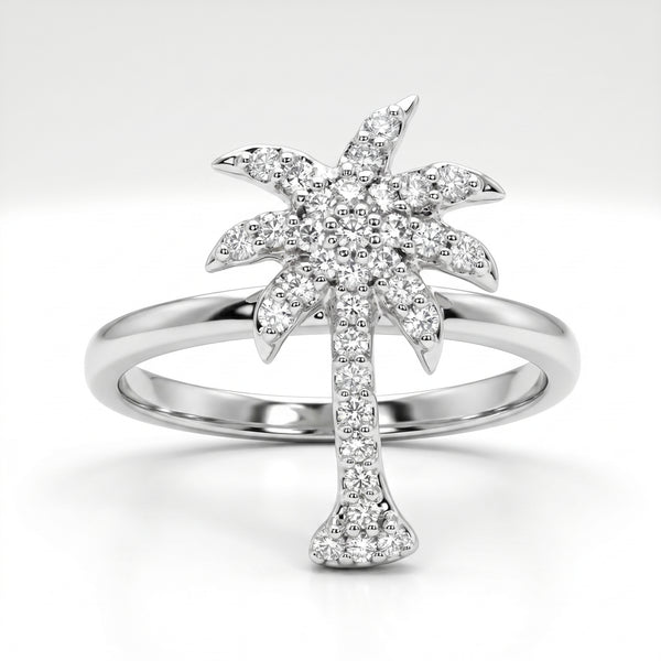 14K White Gold Diamond Pave Palm Tree Ring - Size 7