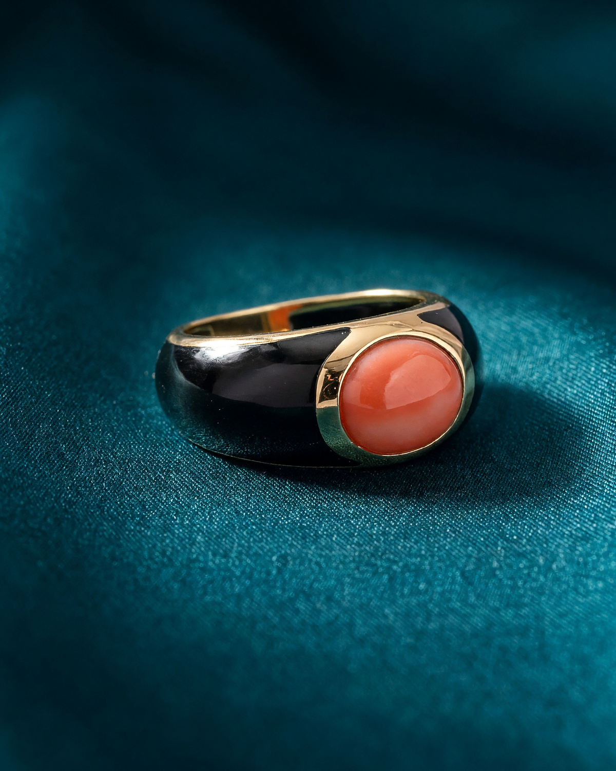 14K Yellow Gold Coral and Black Onyx Ring for Women