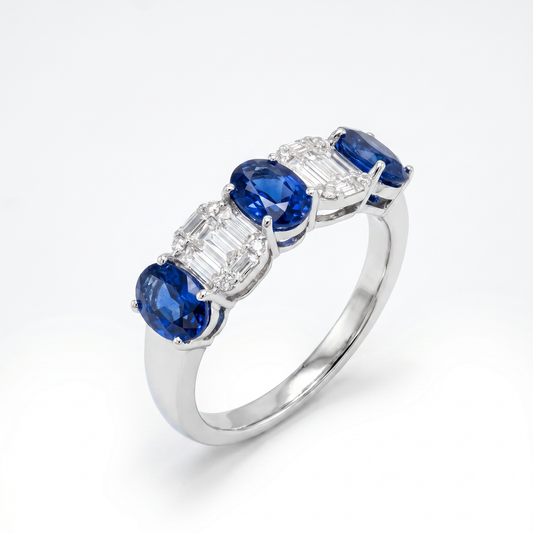 14K White Gold Sapphire & Diamond Oval Band Ring