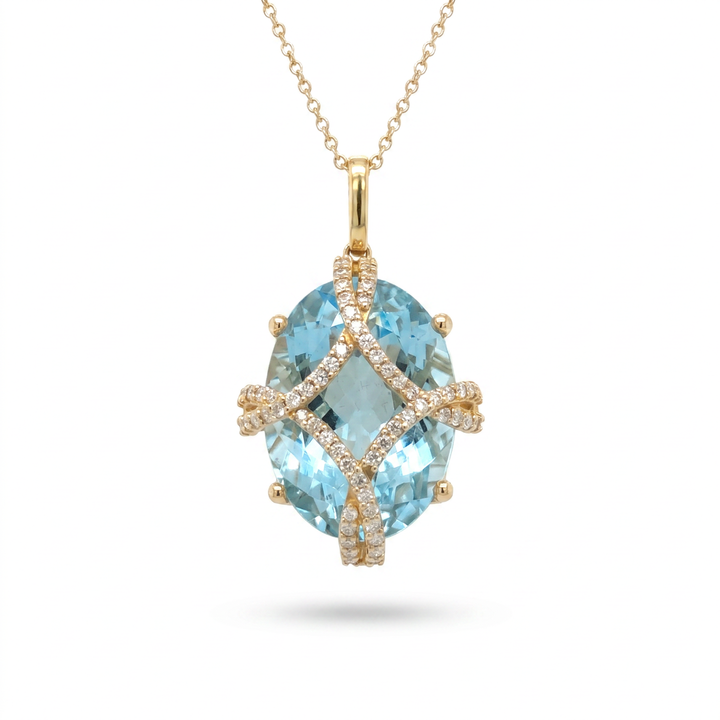 14K Yellow Gold Swiss Blue Topaz & Diamond Pendant 18mm