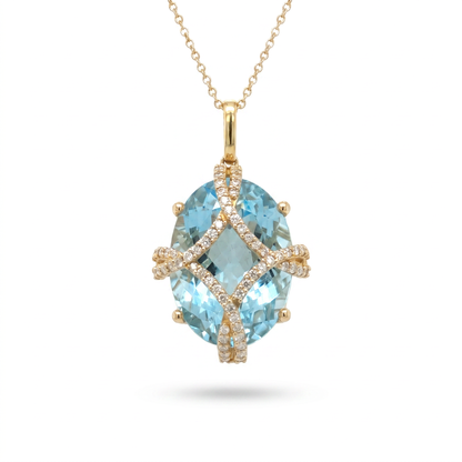 14K Yellow Gold Swiss Blue Topaz & Diamond Pendant 18mm