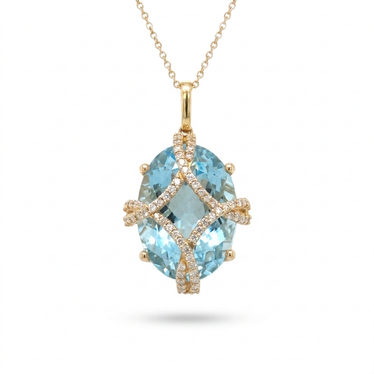 14K Yellow Gold Swiss Blue Topaz & Diamond Pendant 18mm
