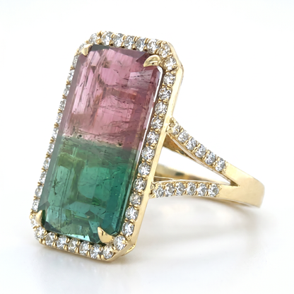 18K Yellow Gold Watermelon Tourmaline & Diamond Halo Ring