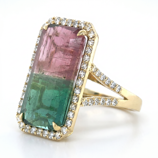 18K Yellow Gold Watermelon Tourmaline & Diamond Halo Ring