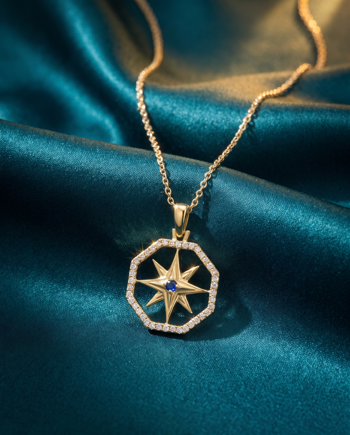 14K Yellow Gold Compass Rose Diamond Sapphire Pendant Necklace