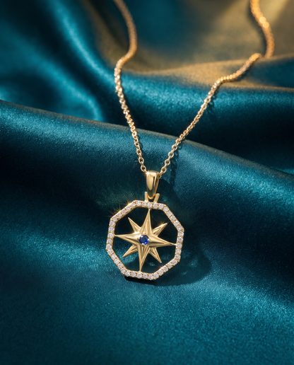 14K Yellow Gold Compass Rose Diamond Sapphire Pendant Necklace