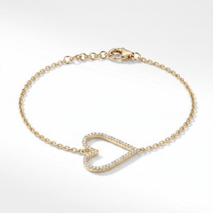 14K Gold Diamond Heart Pendant Bracelet - 0.10ctw