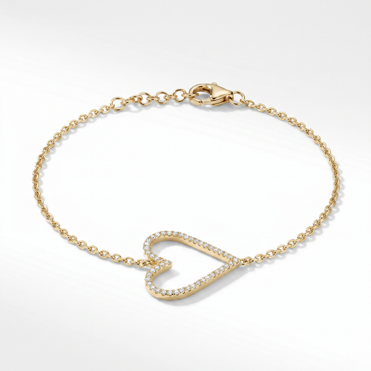 14K Gold Diamond Heart Pendant Bracelet - 0.10ctw