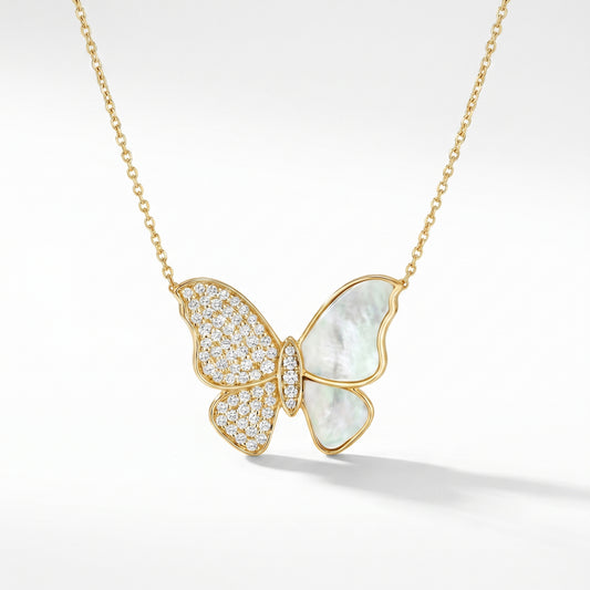 14K Yellow Gold Diamond & Mother of Pearl Butterfly Pendant