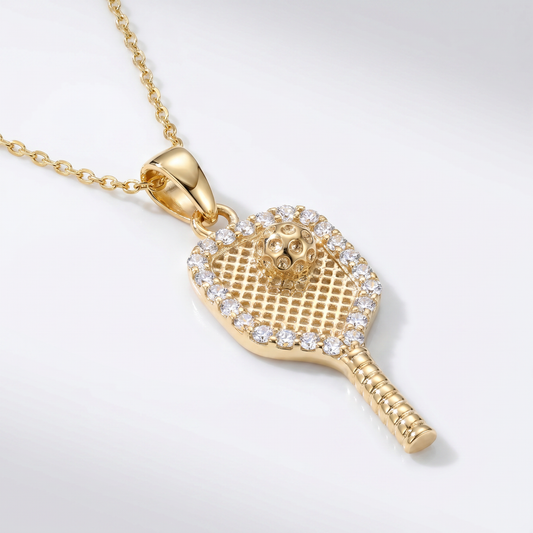 14K Yellow Gold Diamond Pickleball Paddle Pendant - 0.33ctw