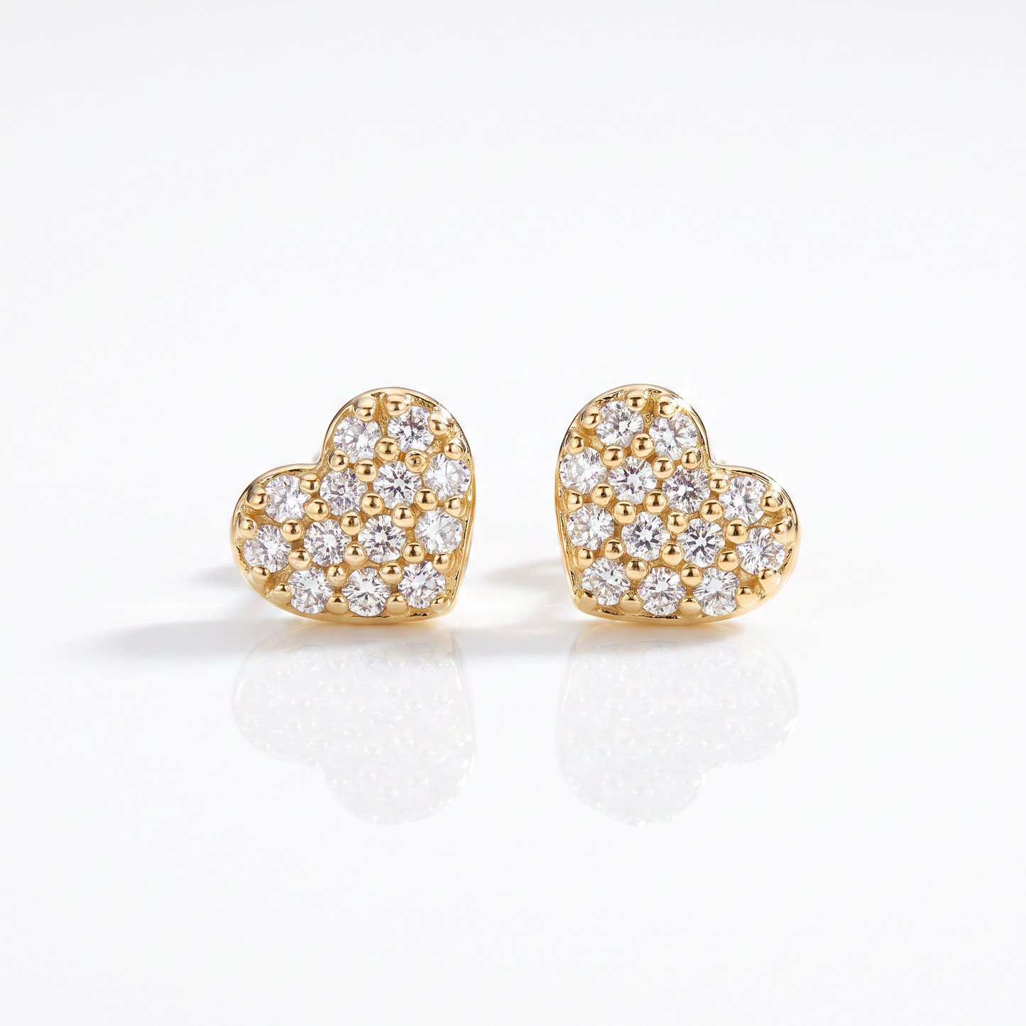 14K Yellow Gold Pave Diamond Heart Stud Earrings