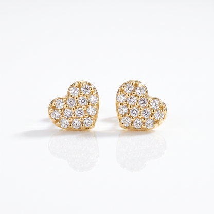 14K Yellow Gold Pave Diamond Heart Stud Earrings