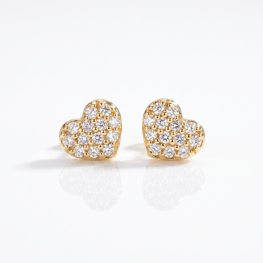14K Yellow Gold Pave Diamond Heart Stud Earrings