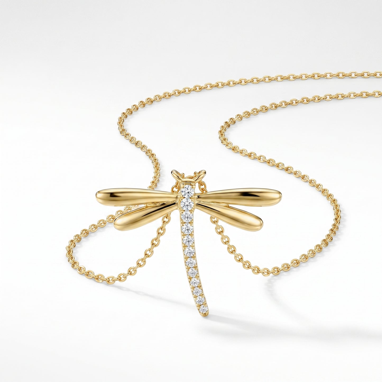14K Yellow Gold Diamond Dragonfly Pendant with 18" Chain
