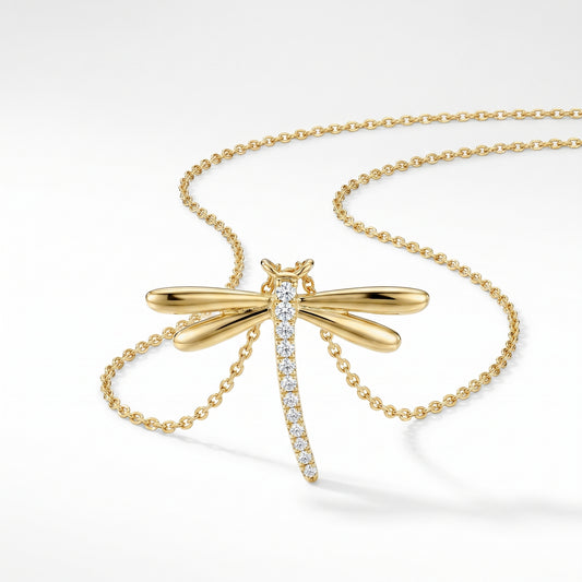 14K Yellow Gold Diamond Dragonfly Pendant with 18" Chain