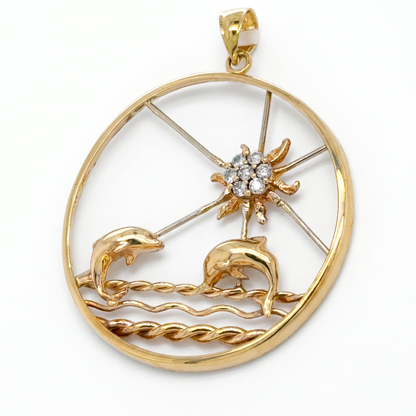 14K Yellow Gold Diamond Sea Life Dolphin Pendant - 1.5"