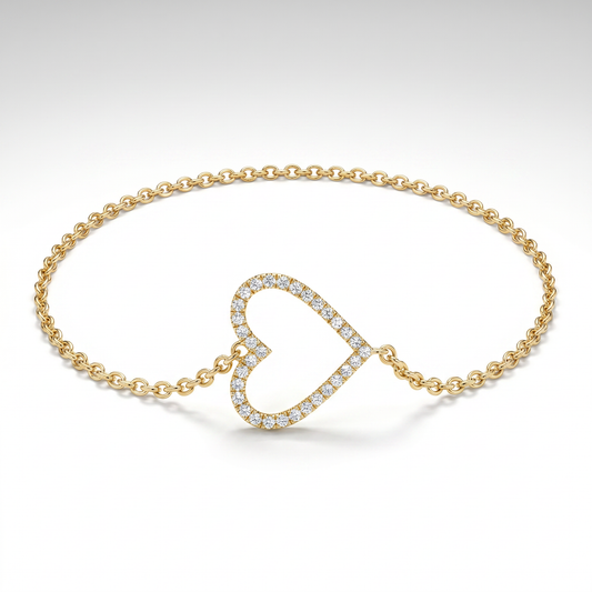 14K Gold Petite Diamond Heart Bracelet with Rolo Chain
