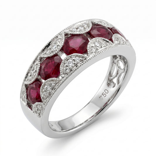 18K White Gold Ruby & Diamond Band Ring for Women