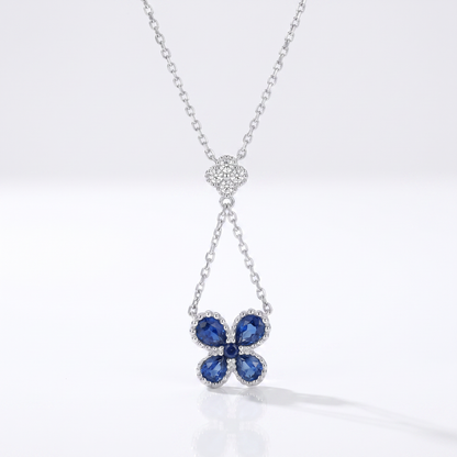 14K White Gold Sapphire & Diamond Clover Pendant Necklace